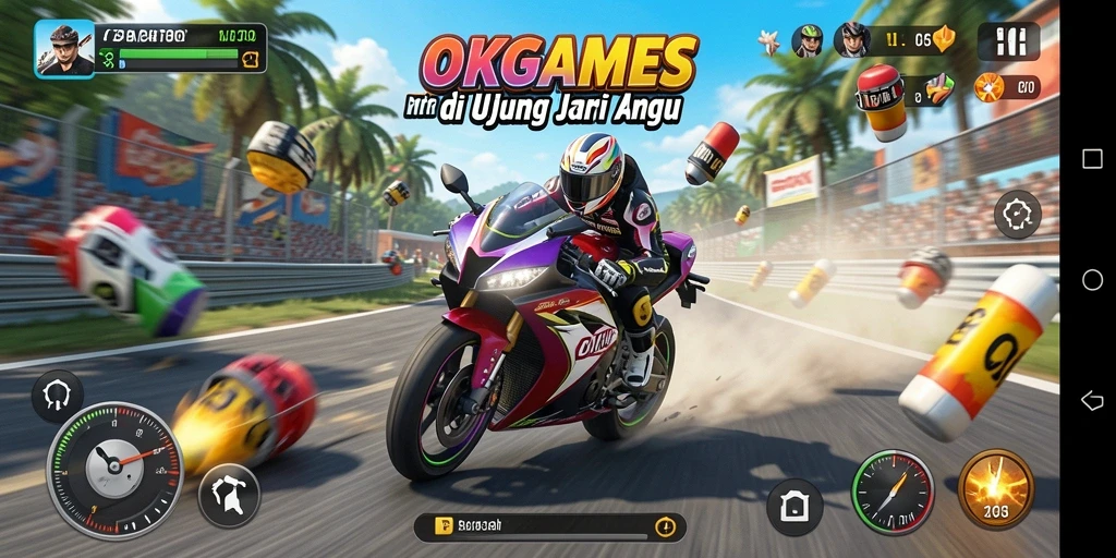 Tangkapan layar utama OKGAMES menampilkan aksi balapan motor yang mendebarkan.